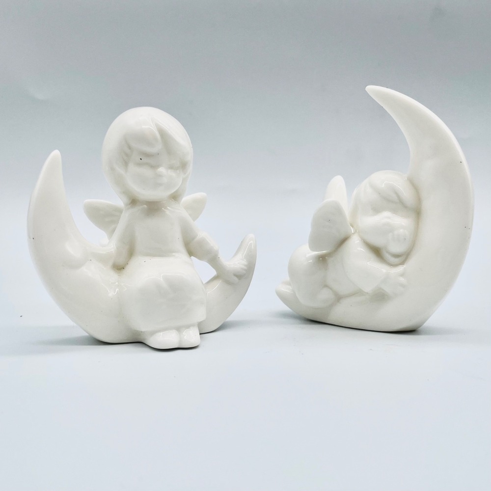 Midwest Cherub Moon Candle Holders Vintage White Porcelain Angel Set of 2